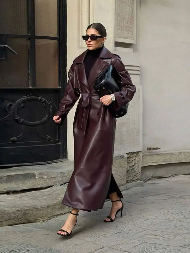 Long Leather Coat with Button Details and Tie Belt - LARA
