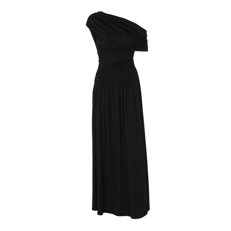 Elegant maxi pleated dress with one shoulder exposed - Maylin
