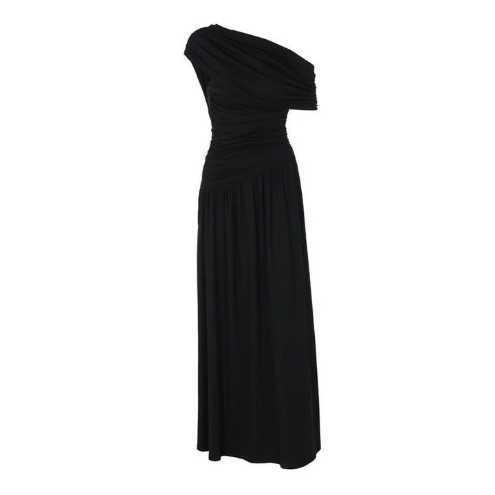 Elegant maxi pleated dress with one shoulder exposed - Maylin