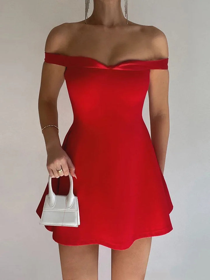 A-Line Mini Dress with Off-Shoulder Satin Straps - Natalia