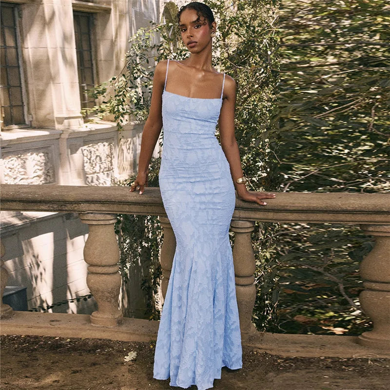 Maxi Chiffon Dress with Leaf Embroidery, Back Tie for Waist Fit - Mona Liz