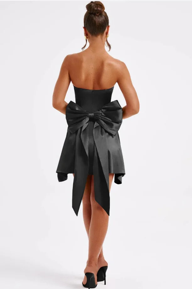 Strapless Satin Mini Dress with A-Line and Asymmetric Bow Detail - Roselyn