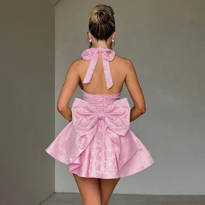 A-line mini dress with floral embroidery, bow detail on the back, tie-back design for waist fit and neck tie - Pearl