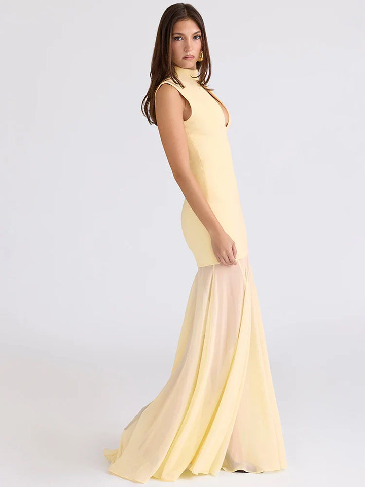 Maxi Dress with Collar and Chiffon Design - DARIA