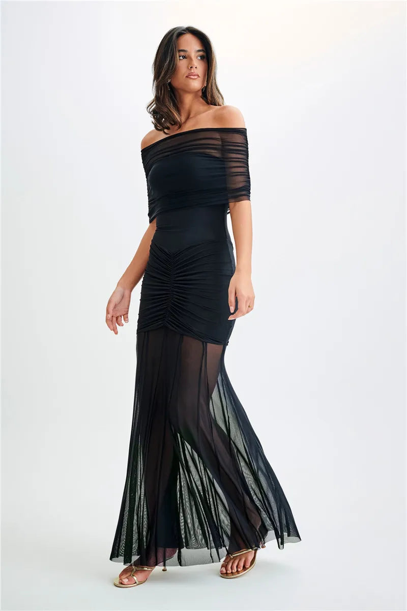 Chiffon Maxi Dress with Gathered Off-the-Shoulder Design - Delilah