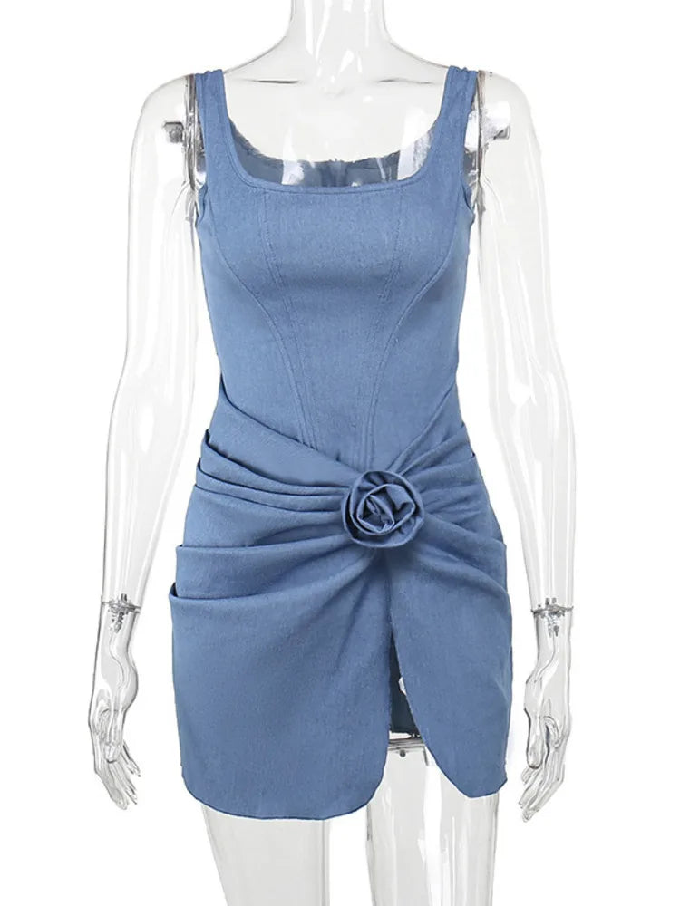 Denim mini dress with corset design and flower detail - Priel