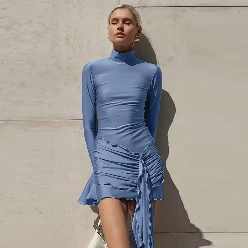 Turtleneck mini dress with bell sleeves and ruffle detail - Jenna