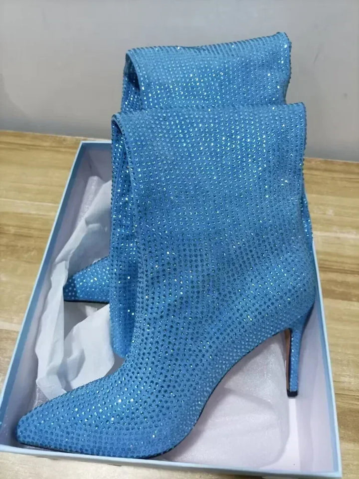 High Pointed Heel Boots with Sparkling Rhinestone Design - Josie