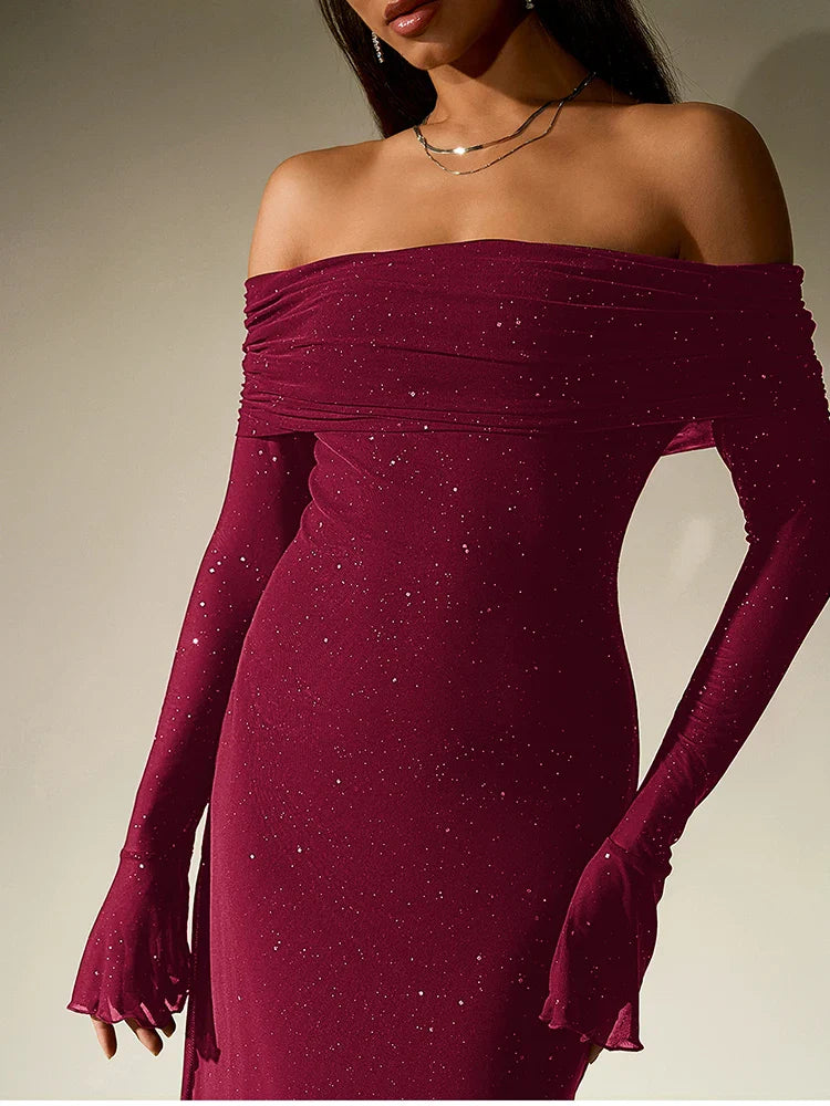 Sequin maxi dress with off-shoulder design and bell sleeves - Margarita
