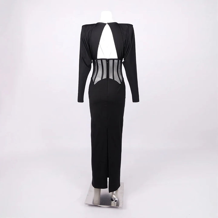 Maxi Dress with Mesh Corset Design and Diamond Buckle Decoration - AMOR