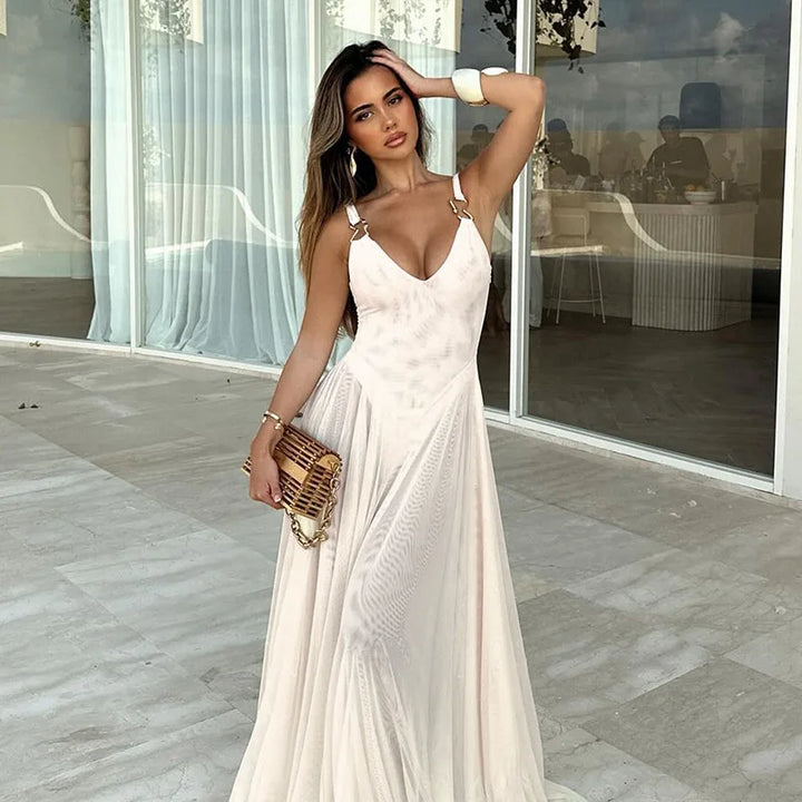 Chiffon Maxi Dress with Buckle Details on Straps - Maria