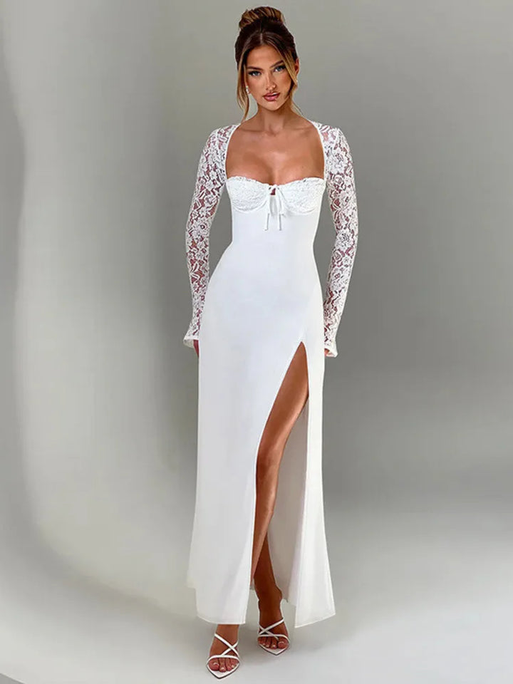 Maxi Dress with Slit and Lace Sleeves - Clarissa