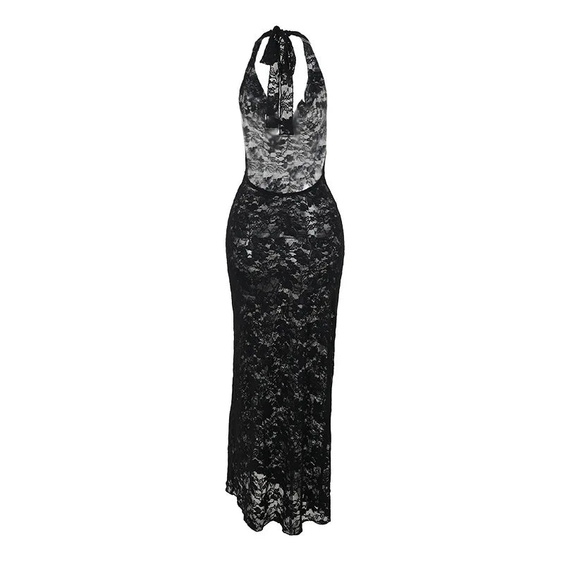Lace Maxi Dress with Open Back and Draped Collar - Vanilia