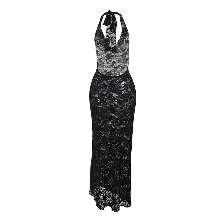 Lace Maxi Dress with Open Back and Draped Collar - Vanilia