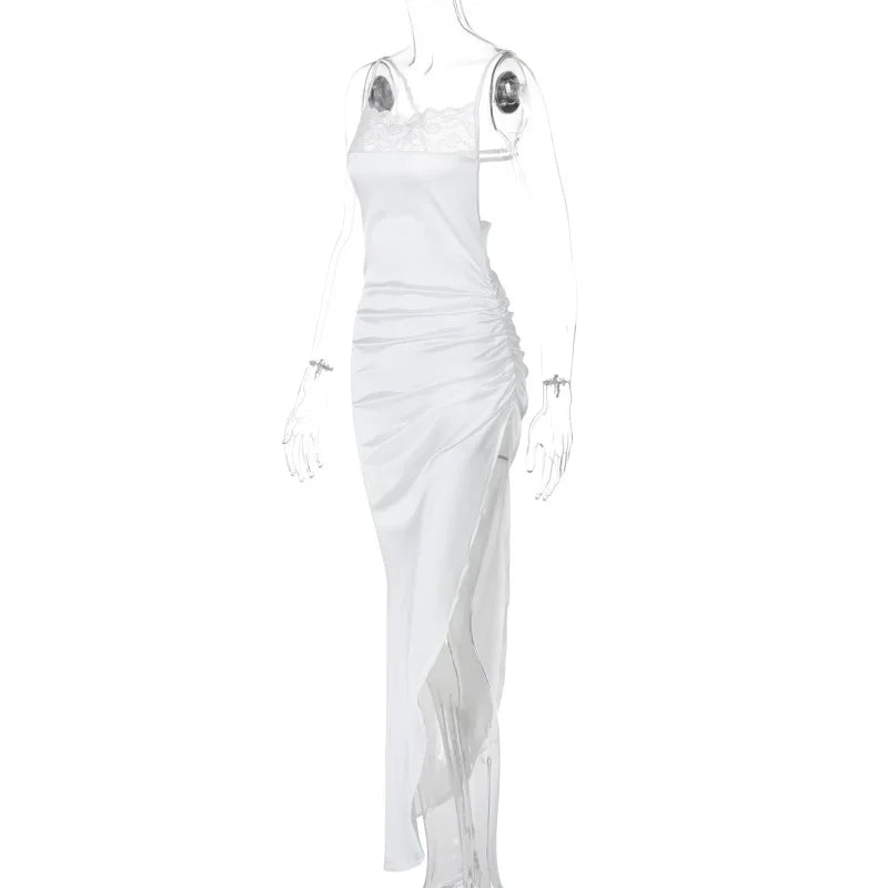 Satin Maxi Evening Dress with Slit and Lace Detail - Swan