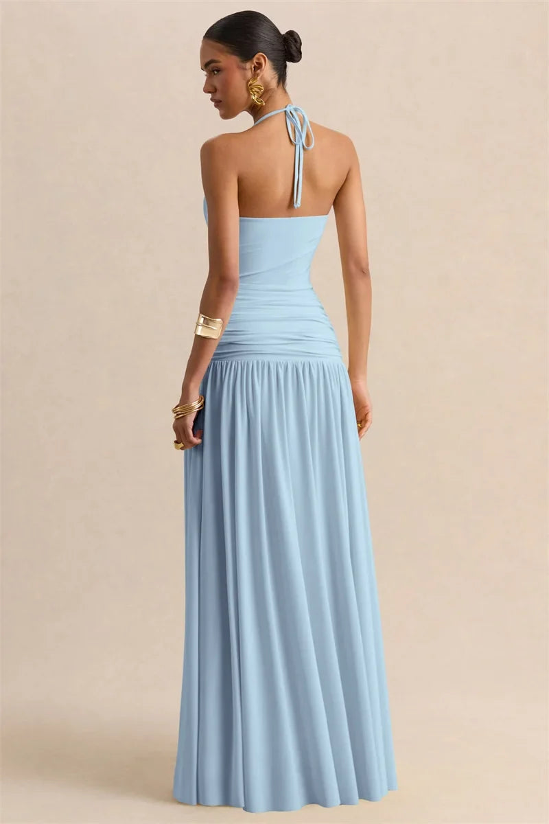 Pleated maxi dress with a neck tie and open back - Tuval