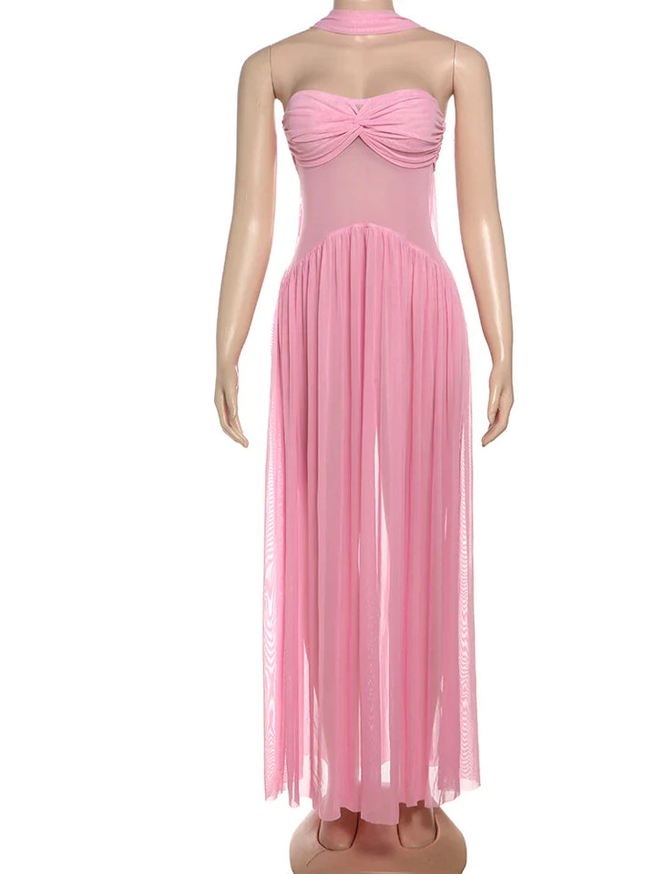 Strapless chiffon maxi dress with ruching and matching scarf decoration - Mia