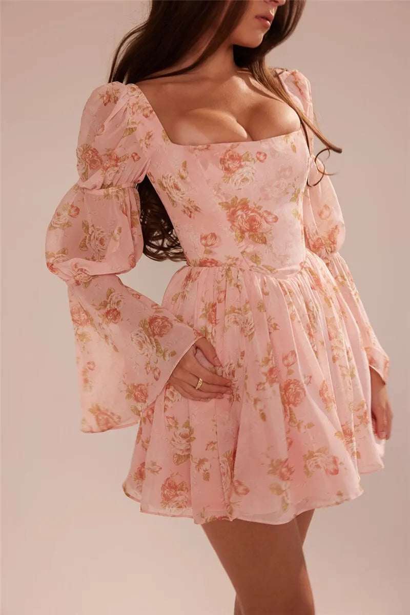 Floral Chiffon Mini Dress with A-Line Cut and Bell Sleeves - Florencia