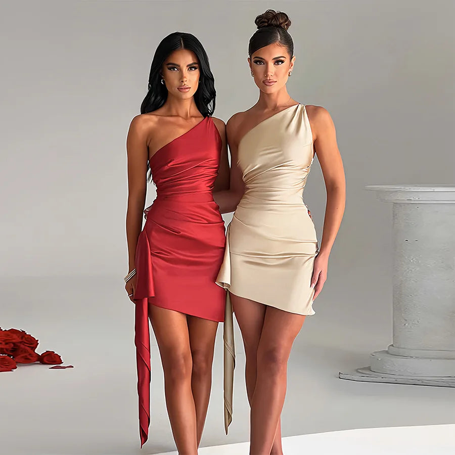 Asymmetric One-Shoulder Satin Mini Dress - Shubali