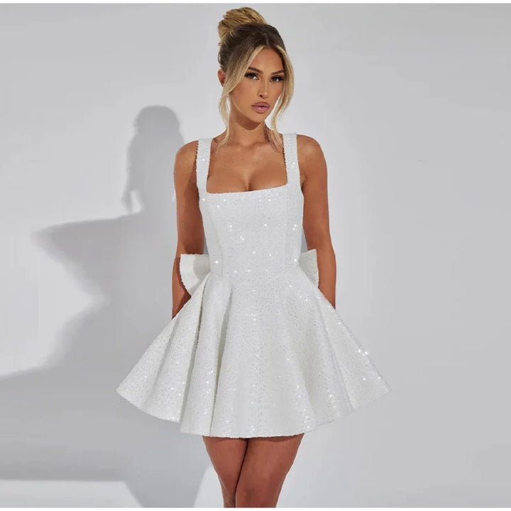 A-Line Mini Sequin Dress with Bow Detail on Back - Alayna