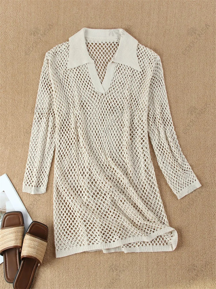 Mesh Mini Beach Dress with Polo Collar Design - Indie