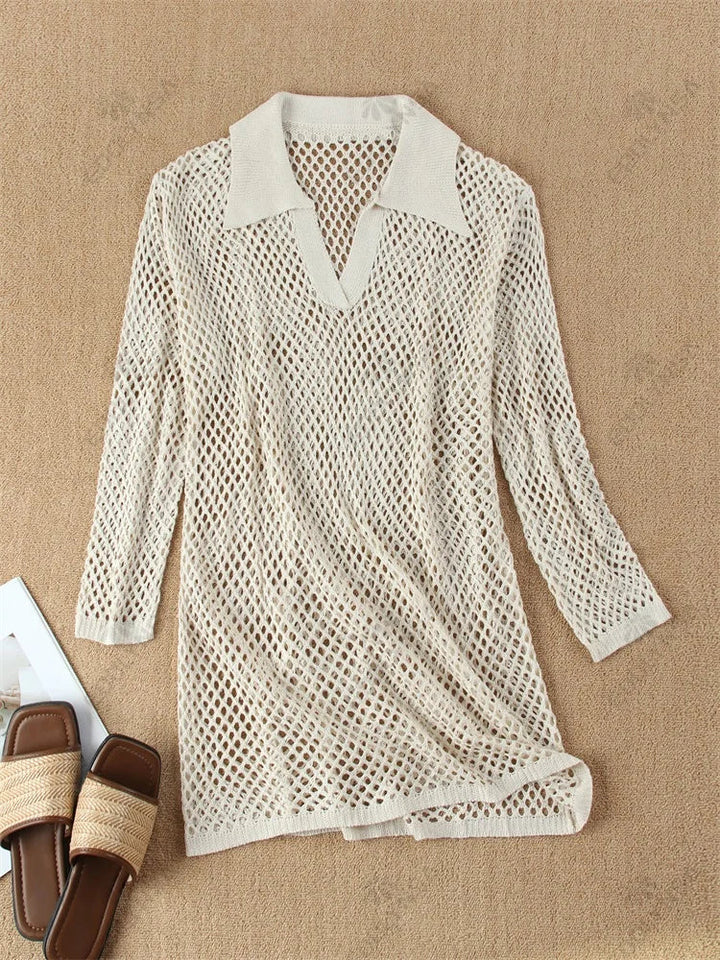 Mesh Mini Beach Dress with Polo Collar Design - Indie