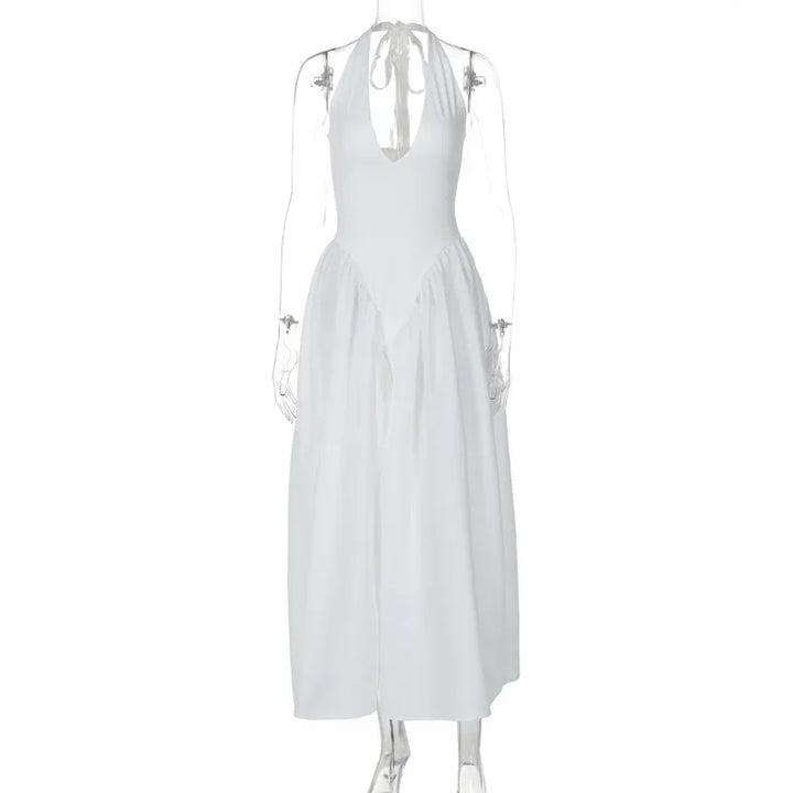 Midi A-line Dress with Neck Tie and Open Back - Makenna