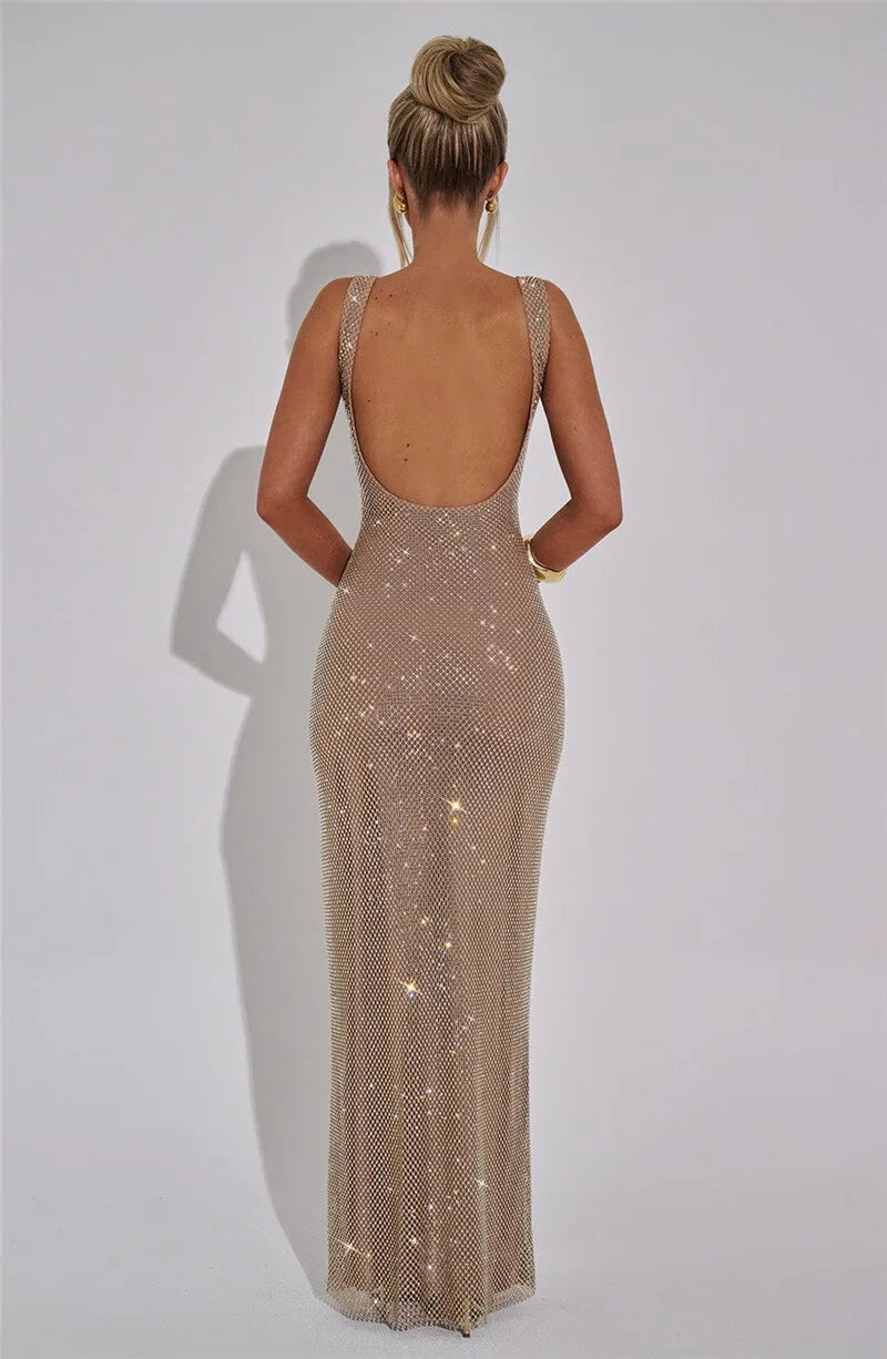 Mesh Maxi Dress with Sparkling Sequin Embellishment and Layered Skirt - Isla