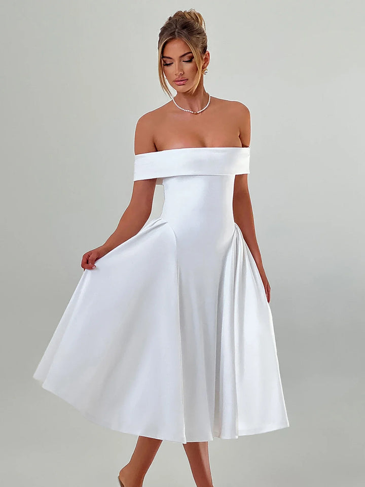 Midi A-Line Dress with Off-Shoulder Design - Ronal