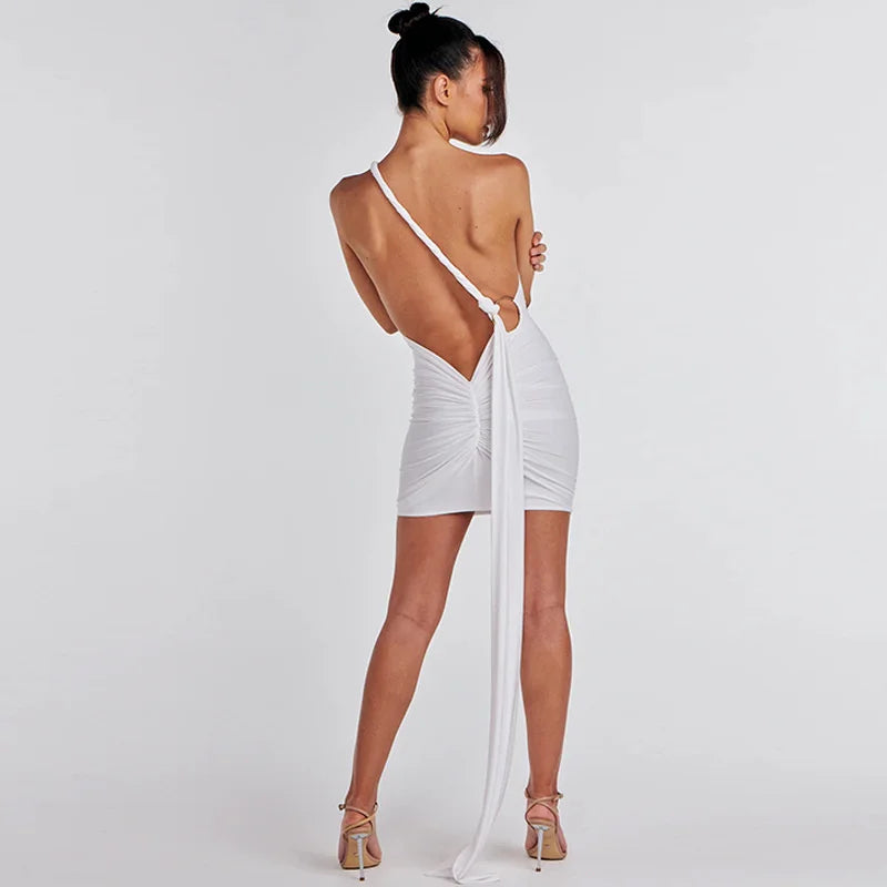 Mini dress with ruching, open back, and hoop decoration - CAROLINA