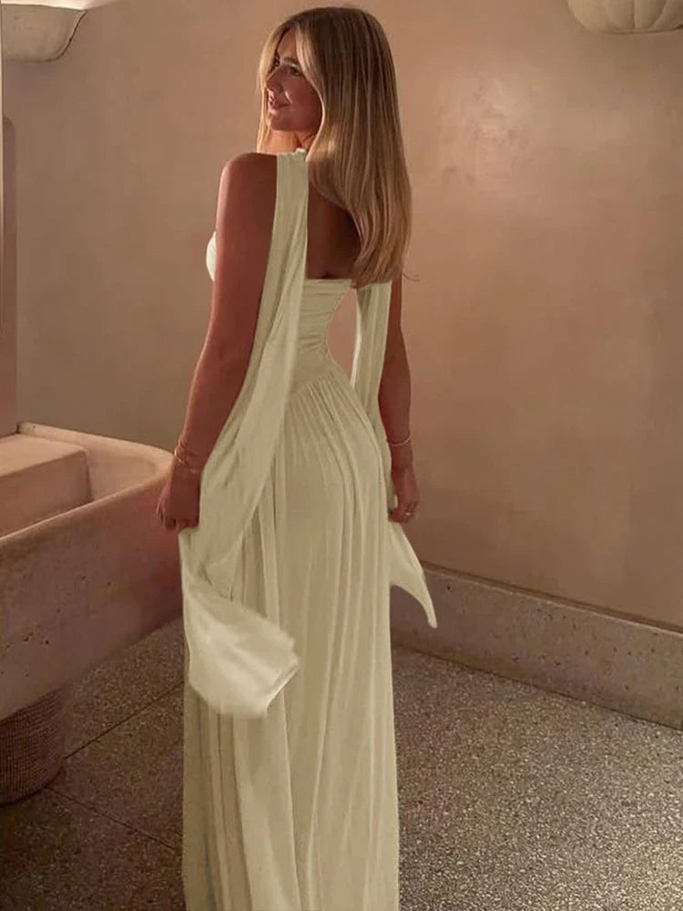 Strapless chiffon maxi dress with ruching and matching scarf decoration - Mia