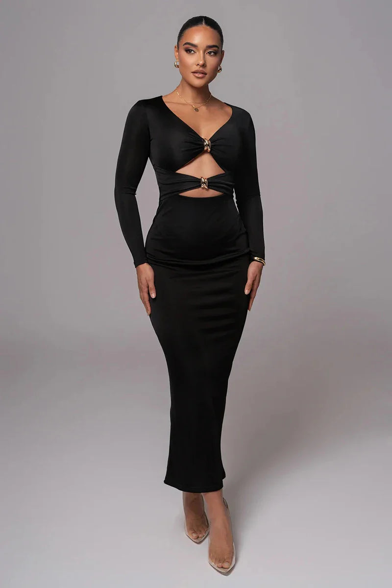 Fitted Shaping Fabric Maxi Dress with Cutouts and Buckles - Lauren