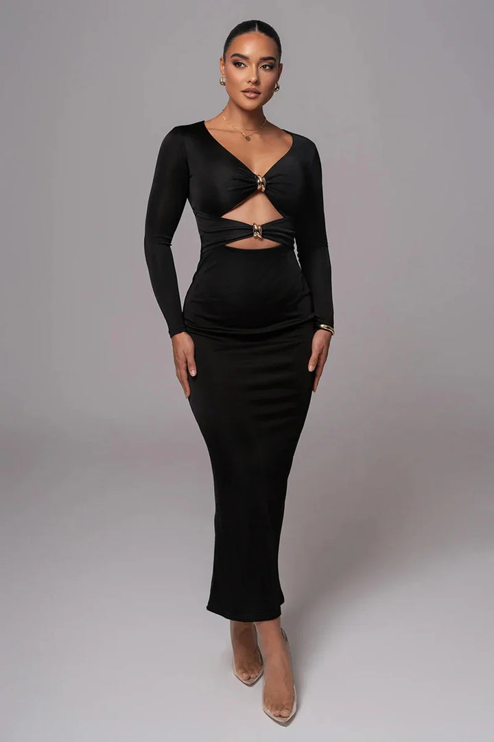 Fitted Shaping Fabric Maxi Dress with Cutouts and Buckles - Lauren
