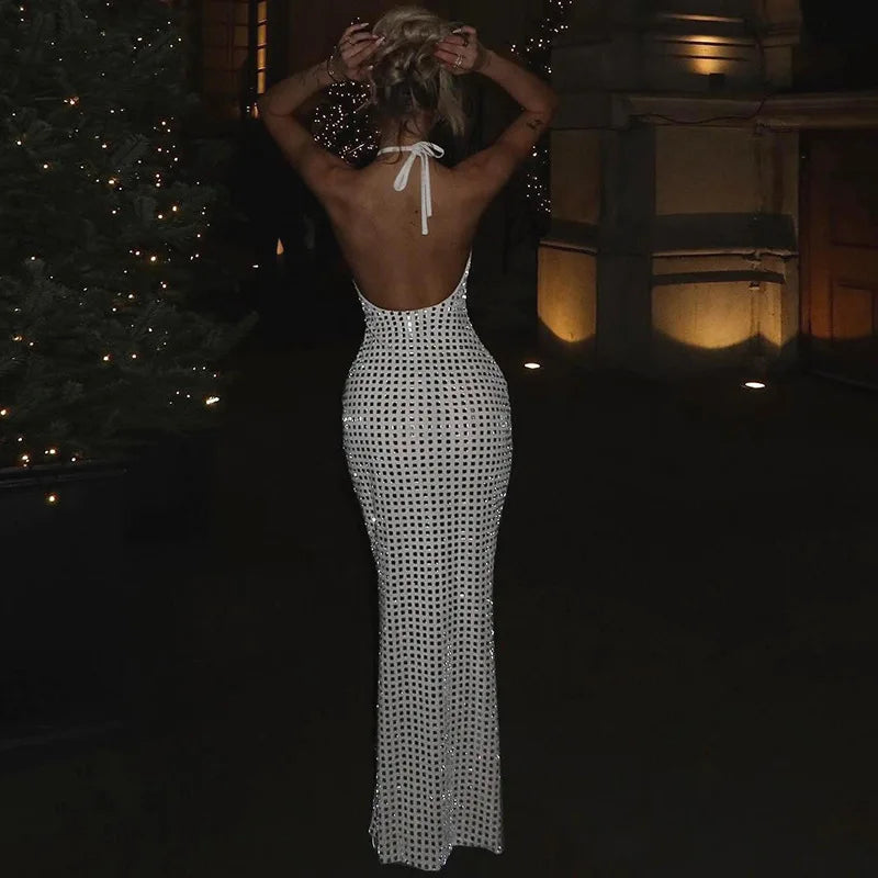 Maxi Dress with Collar, Open Back, and Sparkling Square Design - Casey