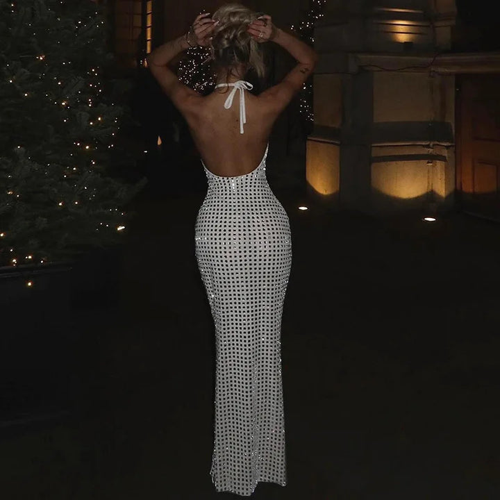Maxi Dress with Collar, Open Back, and Sparkling Square Design - Casey