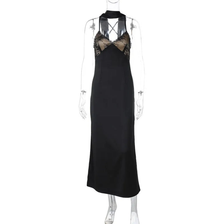 Maxi satin dress with lace decoration and matching scarf, open back - Liset