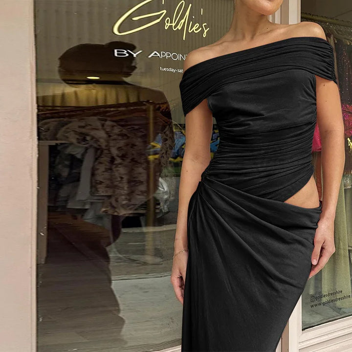 Maxi dress with ruching, mesh design and off-shoulder - Keshet