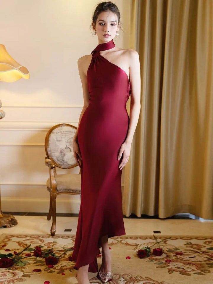 Asymmetric satin maxi dress with neck wrap design - Angela