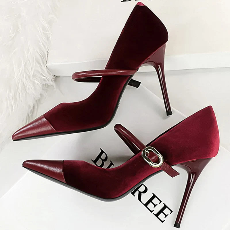 Pointed Heel Shoes with Velvet and Faux Leather Buckle Decoration - Mabel