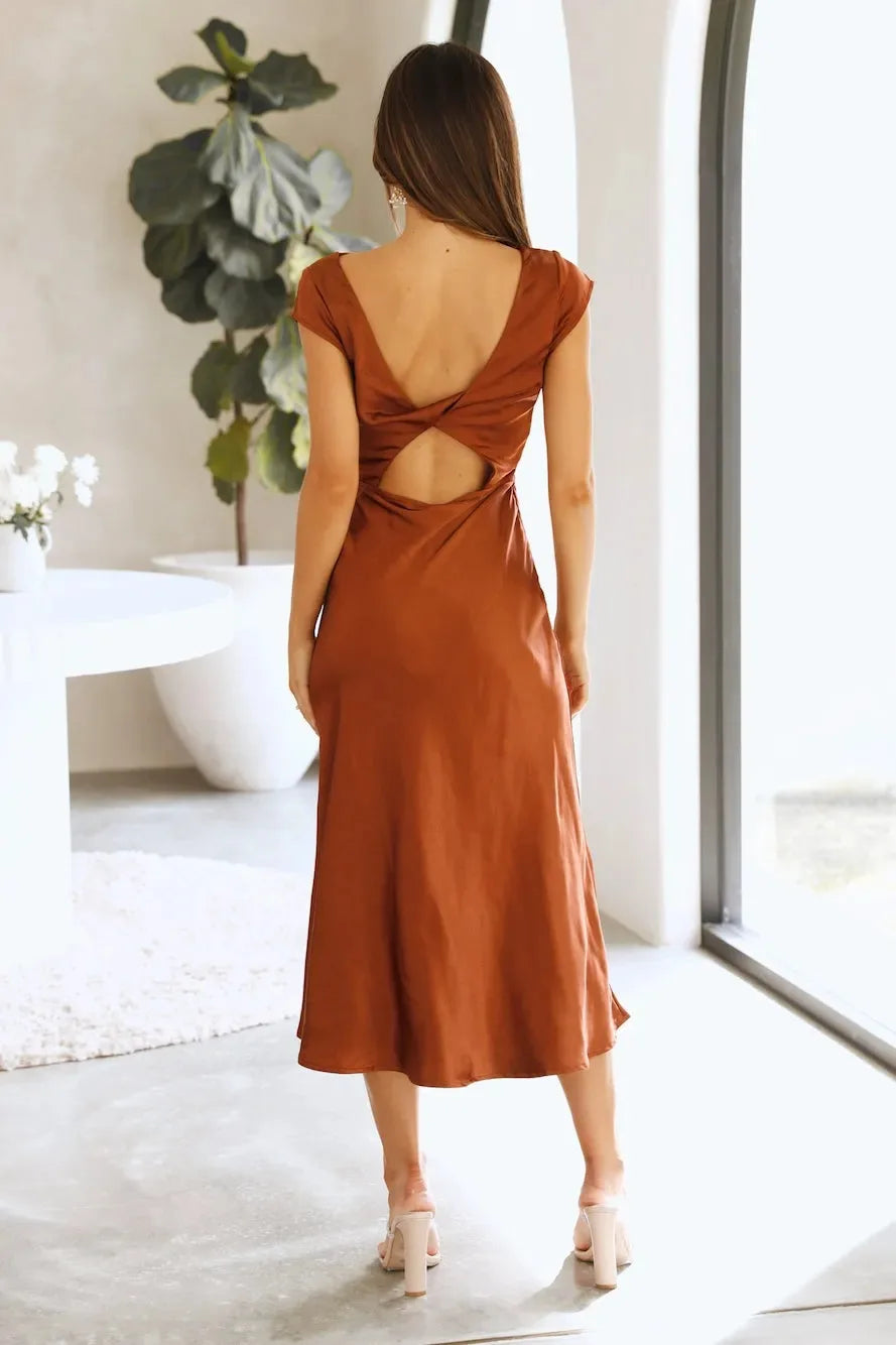 Midi satin dress with slit and open back design - Shray