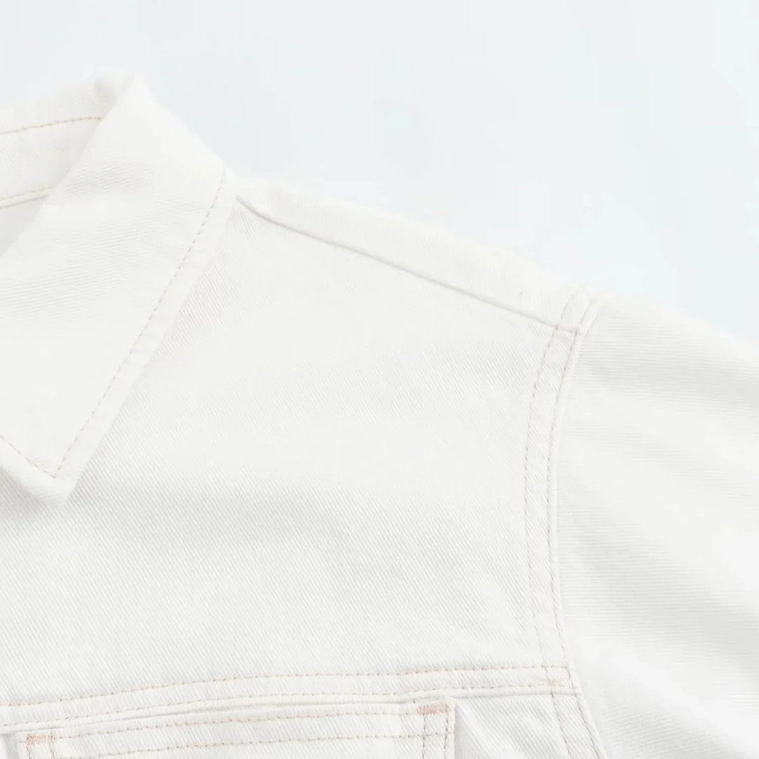 Two-Piece White Denim Set with Mini Skirt Pants and Buttoned Polo Collar Blazer - Genesis