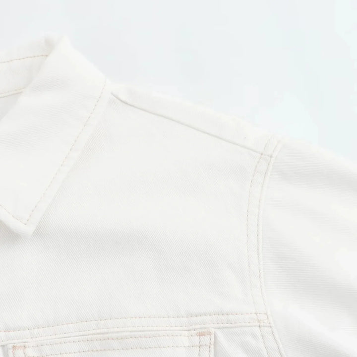 Two-Piece White Denim Set with Mini Skirt Pants and Buttoned Polo Collar Blazer - Genesis