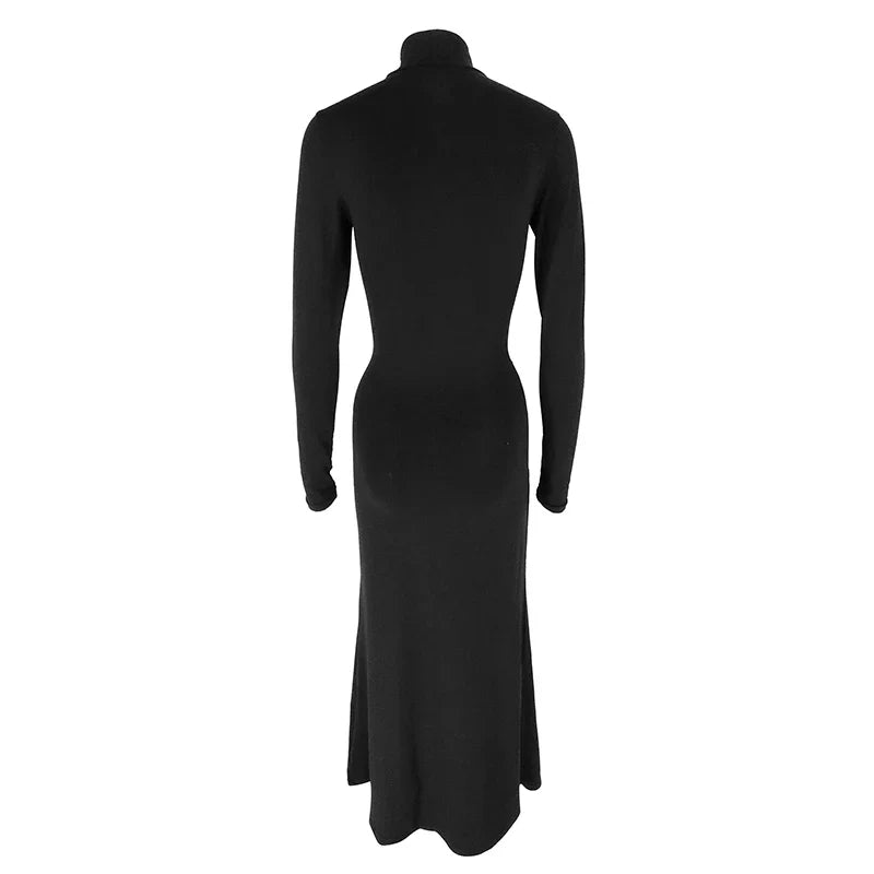 Maxi Dress with Turtleneck Collar, Gathered Design, and Tie - Margarita