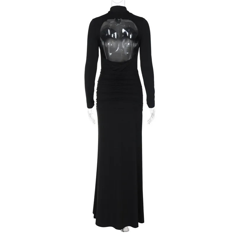 Turtleneck open-back maxi dress with ruching decoration - Ilayil