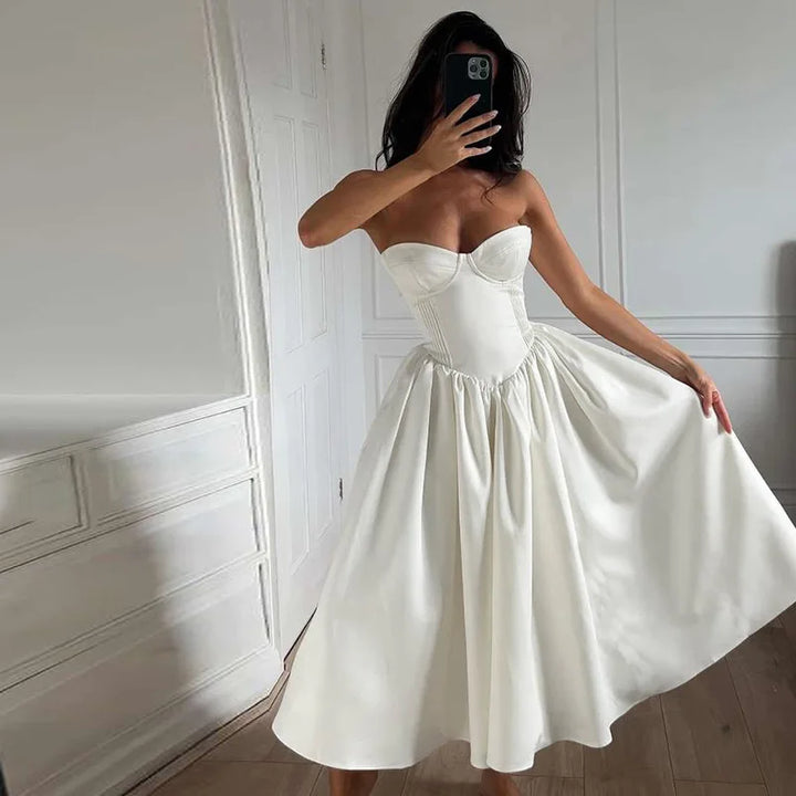 Strapless Midi Dress with A-Line and Elegant Design - Simone