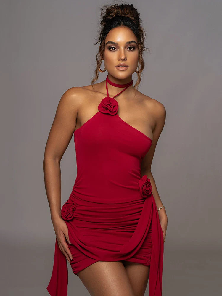 Ruched mini dress with neck tie and floral appliqué - Jasmina