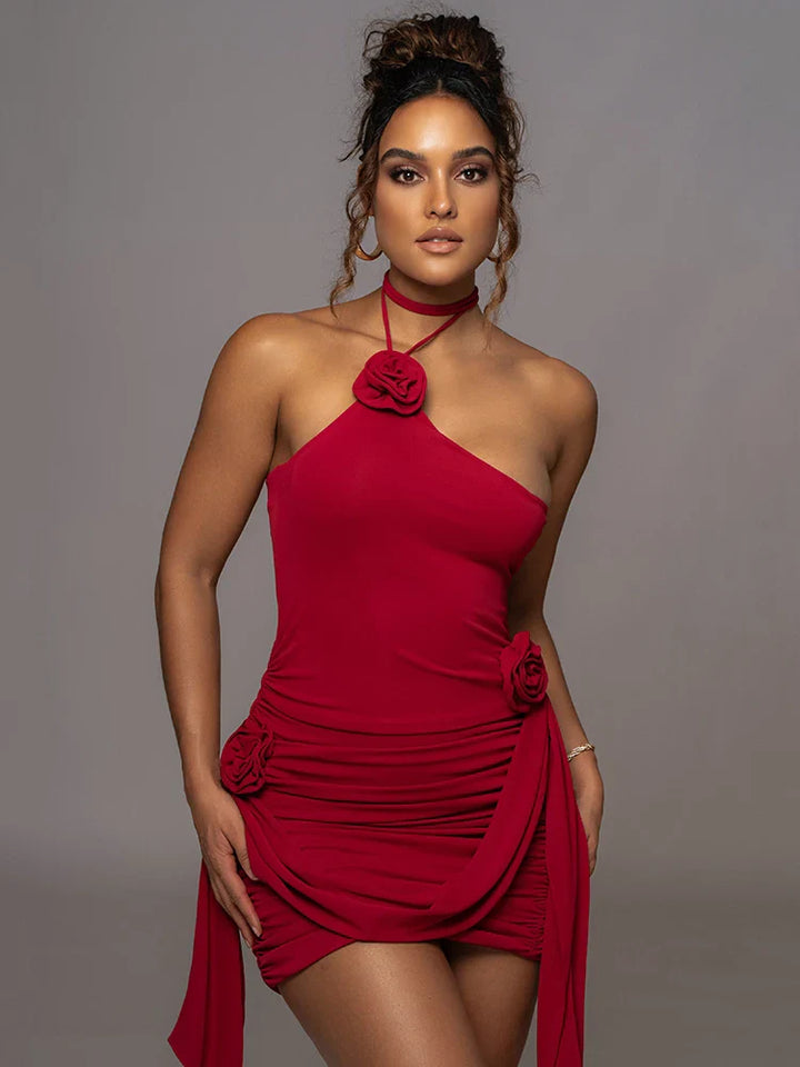 Ruched mini dress with neck tie and floral appliqué - Jasmina