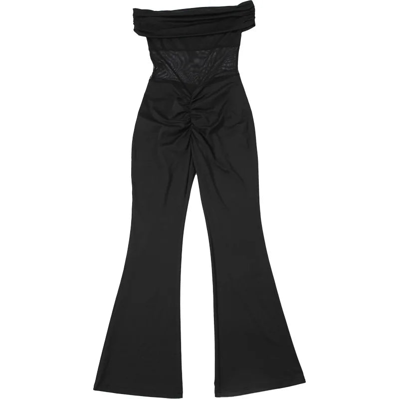 Shaping Fabric Jumpsuit with Mesh and Off-Shoulder Pedal Pusher Pants - Maylin