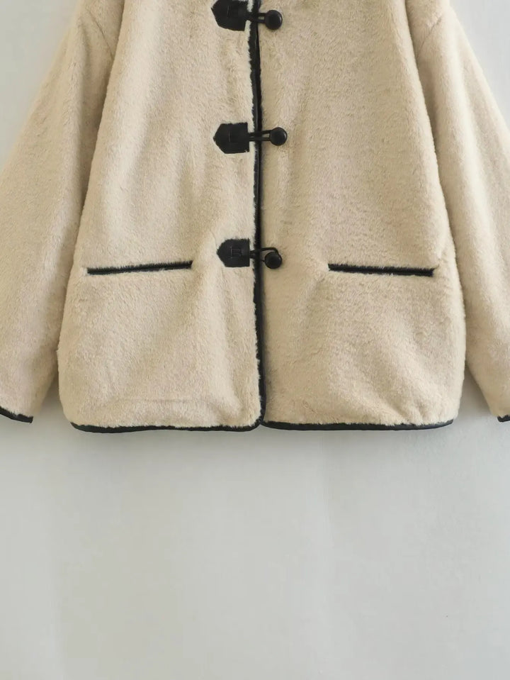 Wool Coat with Fur and Button Closure in Vintage Design - Yan