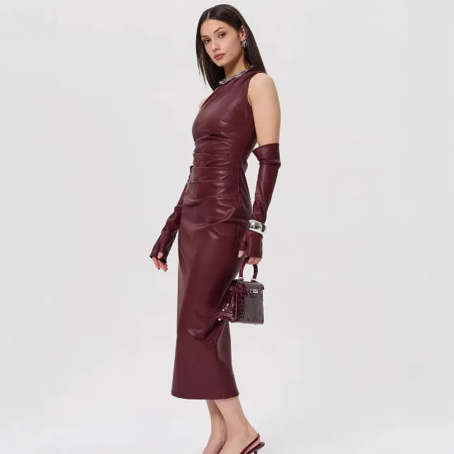 One-Shoulder Faux Leather Maxi Dress with Glove Detail - Thea